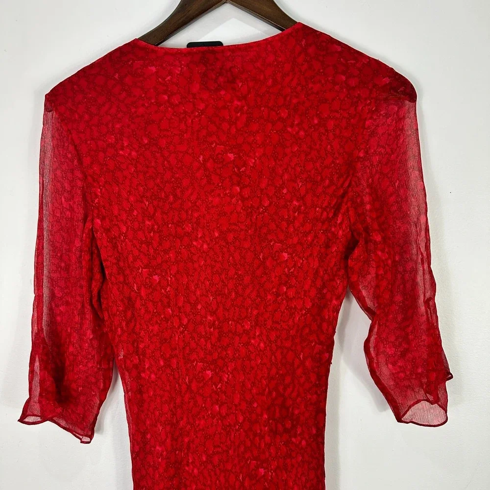 Vision‎ Apparel Dress 6 Red Silk Sequin Sheer Sleeve Midi Gown Y2K Vintage Glam